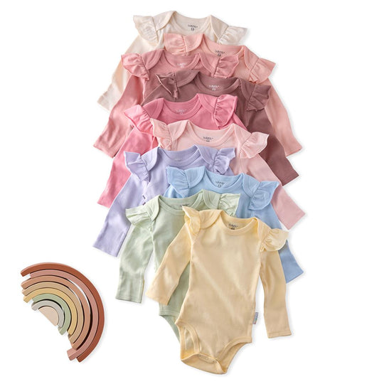Ashley - Ruffle Shoulder Long Sleeve Bodysuit, 10 Pack - Sunset Haze Rainbow banner
