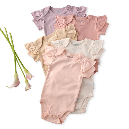 Rory - Ruffle Shoulder Short Sleeve Bodysuit, 5 Pack - Sorbet banner