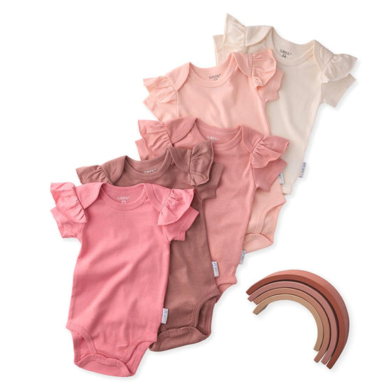 Rory - Ruffle Shoulder Short Sleeve Bodysuit, 5 Pack - Sunset banner