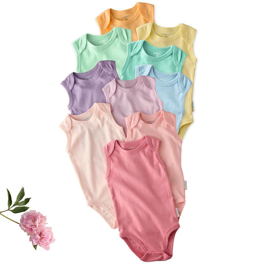 Sam - Sleeveless Bodysuits, 10 Pack - Sunny Pink Rainbow banner