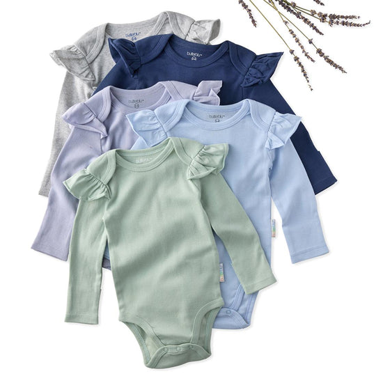 Ashley - Ruffle Shoulder Long Sleeve Bodysuit, 5 Pack - Frost banner