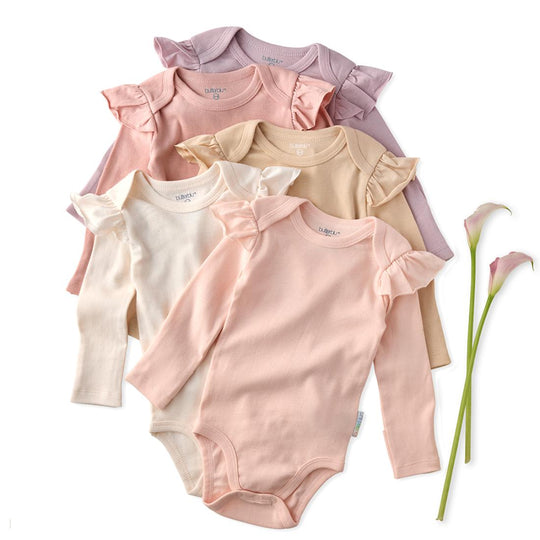 Ashley - Ruffle Shoulder Long Sleeve Bodysuit, 5 Pack - Sorbet banner