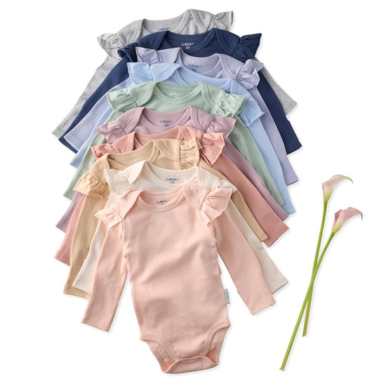 Ashley - Ruffle Shoulder Long Sleeve Bodysuit, 10 Pack - Sorbet Frost Rainbow banner