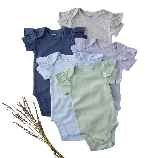 Rory - Ruffle Shoulder Short Sleeve Bodysuit, 5 Pack - Frost banner