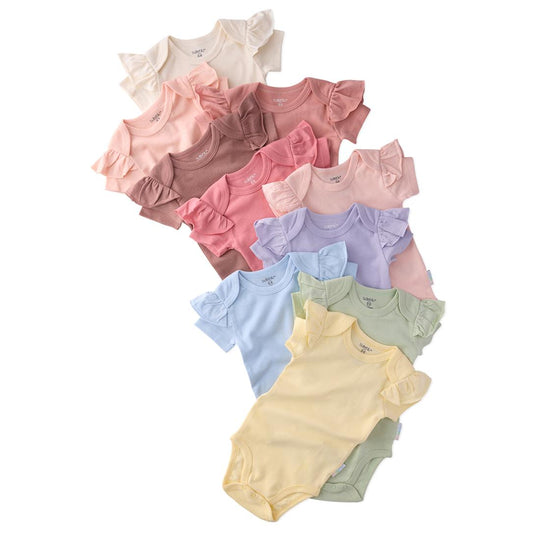 Rory - Ruffle Shoulder Short Sleeve Bodysuit, 10 Pack - Sunset Haze Rainbow banner